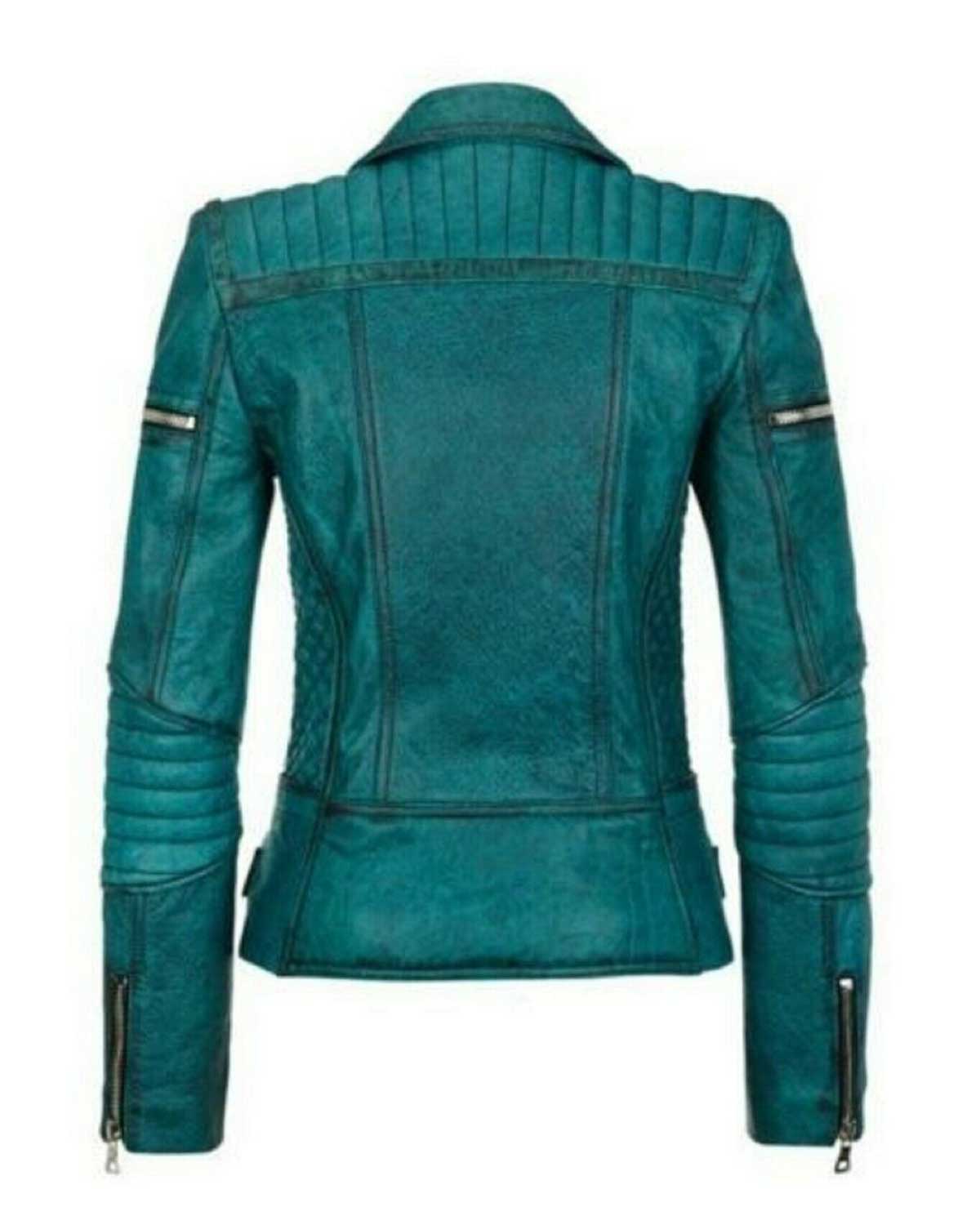 Women Slim Fit Diamond Quilted Moto Teal Leather Jacket