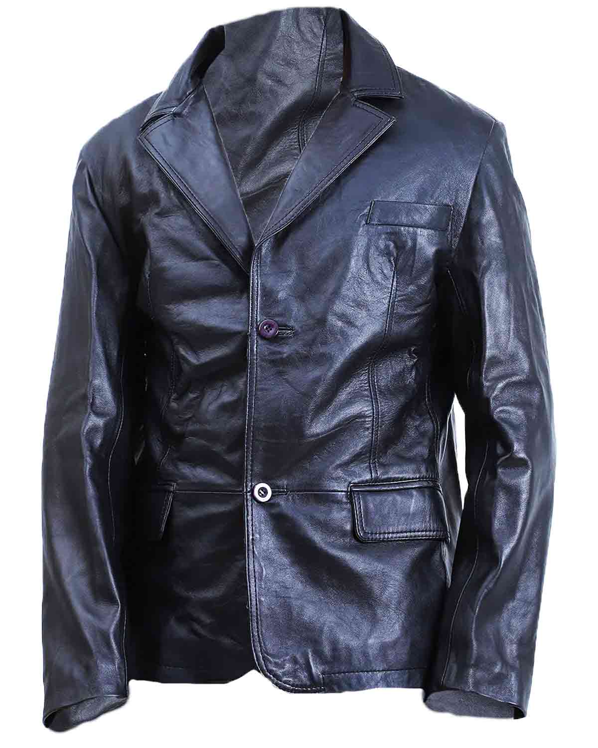 Men's 2 Button Black Leather Coat