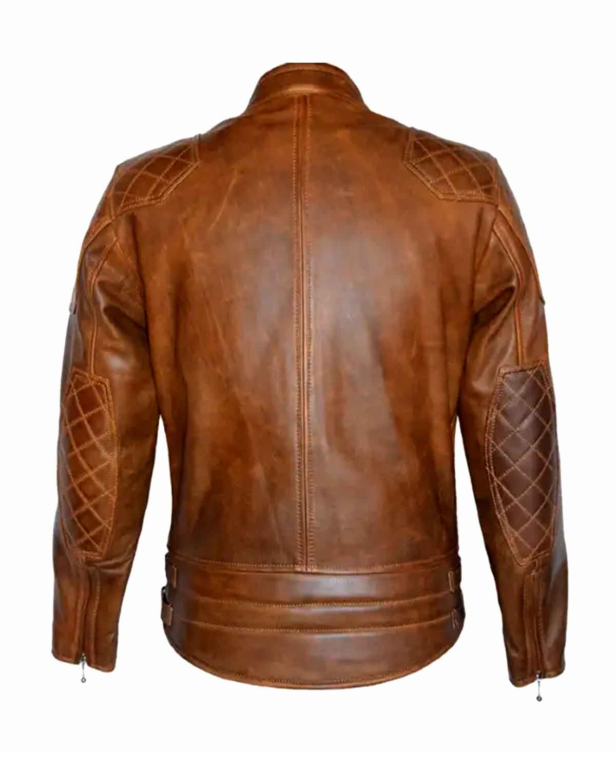 Mens Brown Cafe Racer Genuine Quilted Leather Biker Jacket