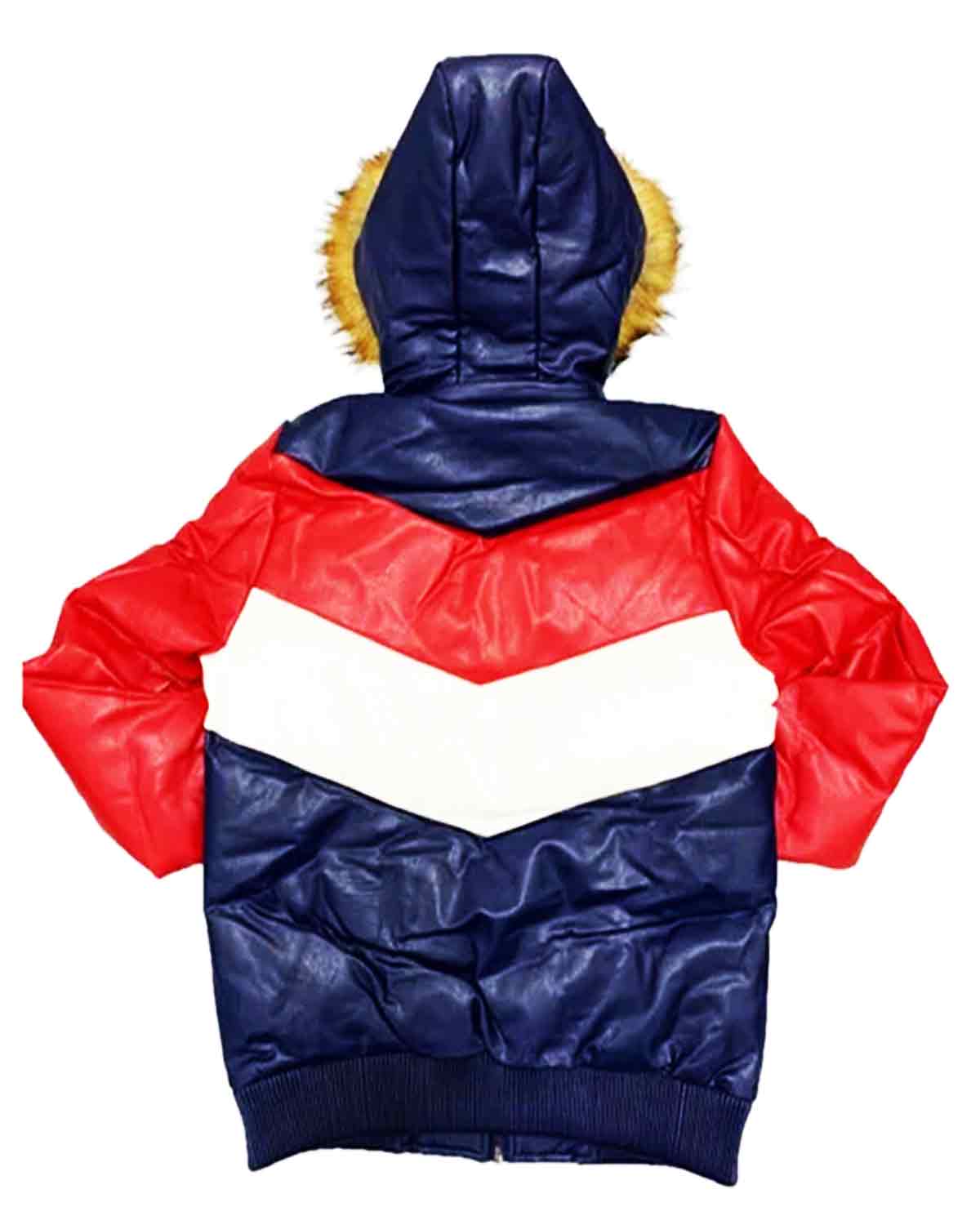 8 Ball Pool Logo Fur Hooded Navy & Red Sheepskin Leather Men's Jacket