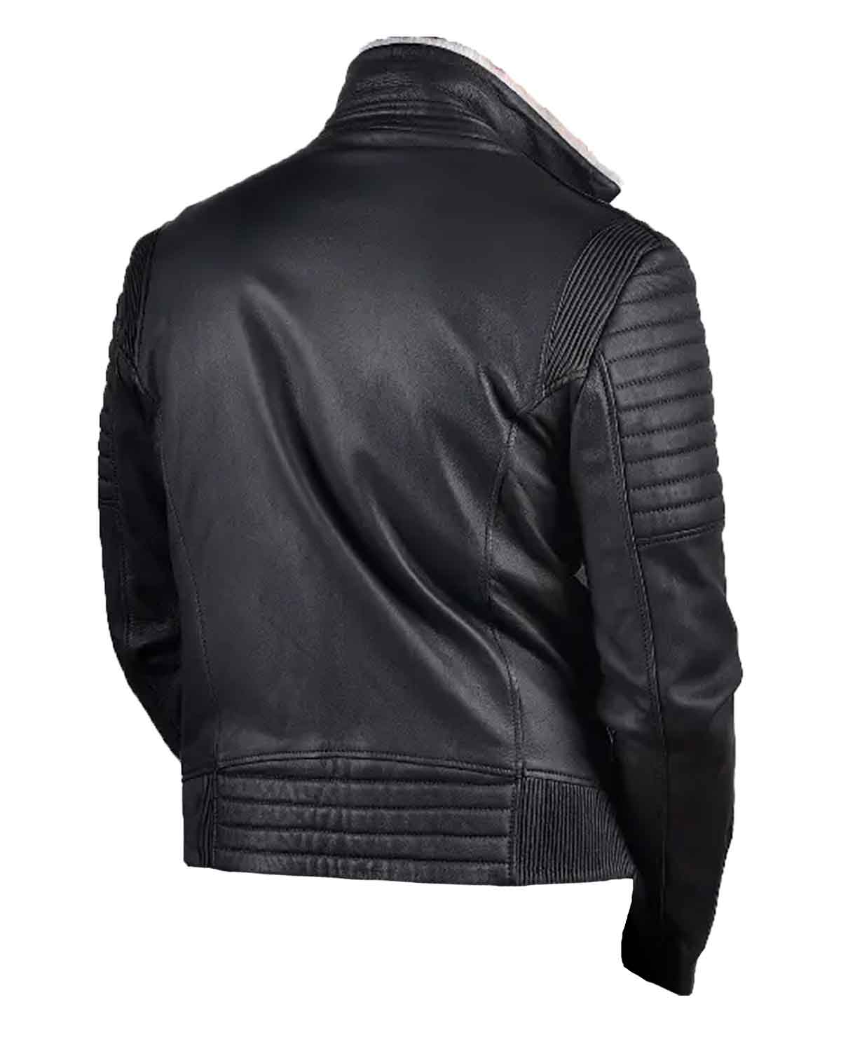 Mens Black Shearling White Fur Leather Biker Jacket
