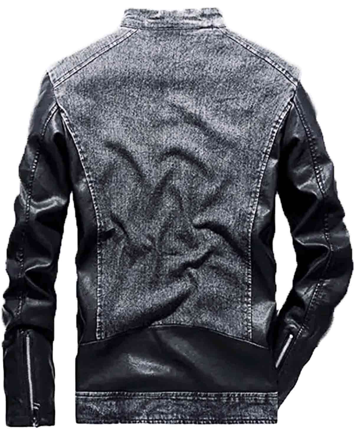 Grey Denim Jacket with Leather Sleeves