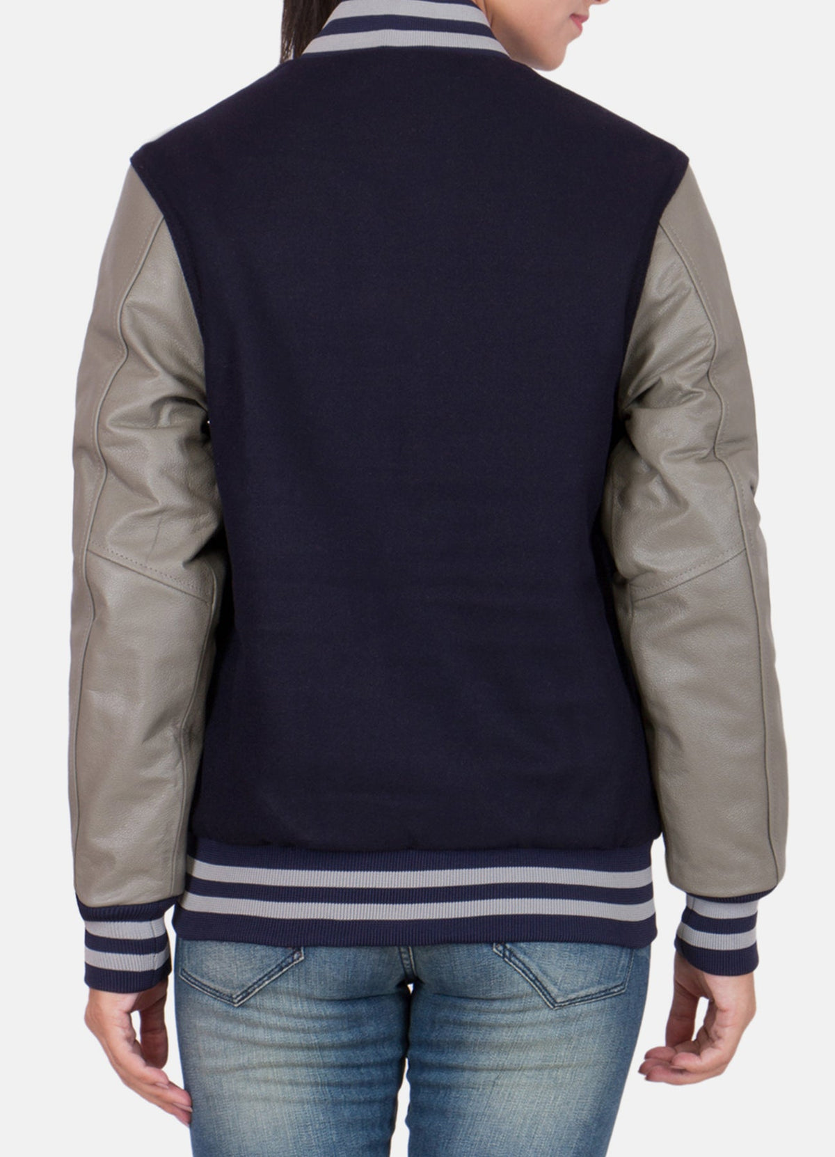 Women's Dark Blue and Grey Varsity Jacket