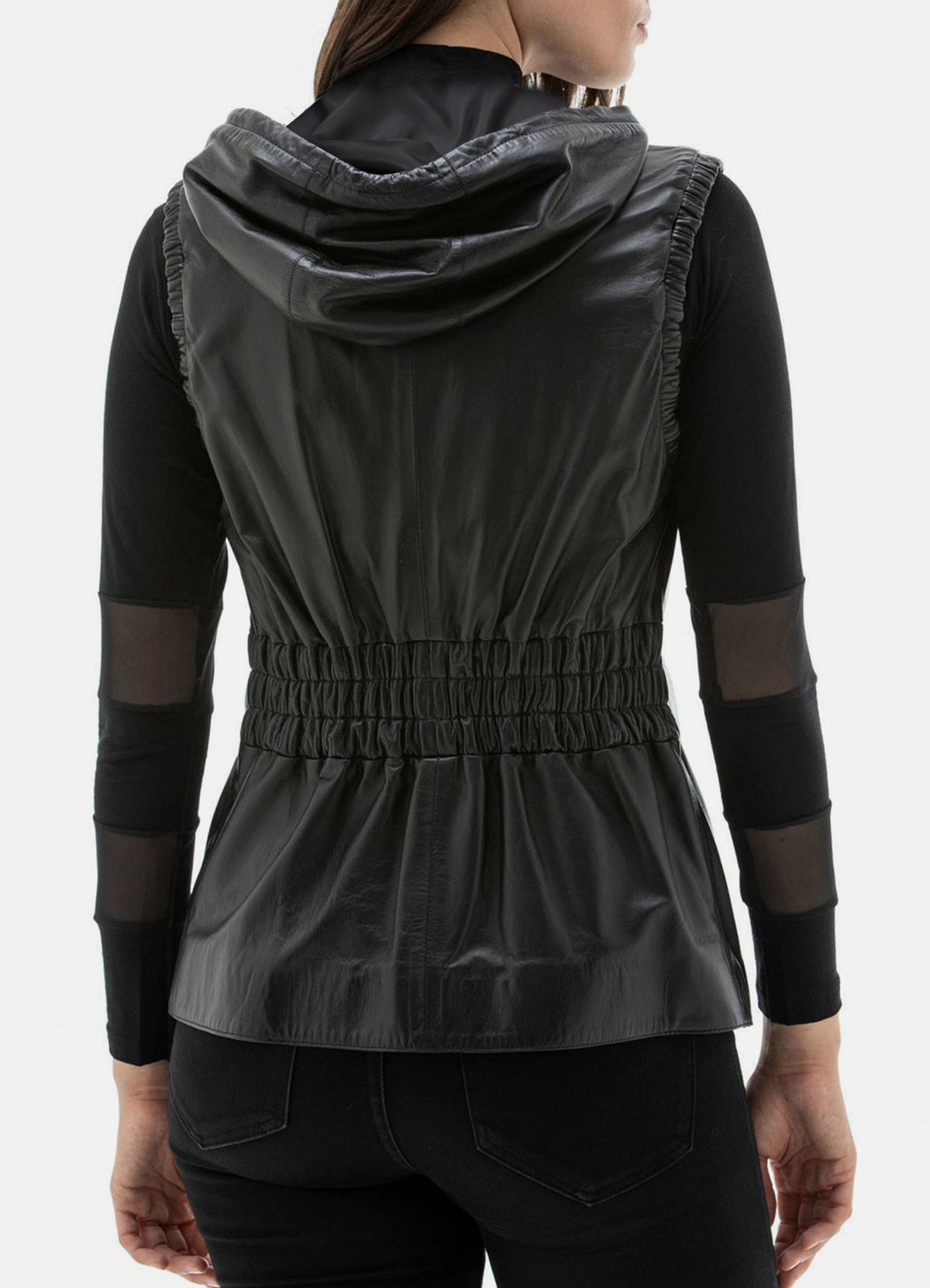 Women's Black Fashionable Hooded Leather Vest