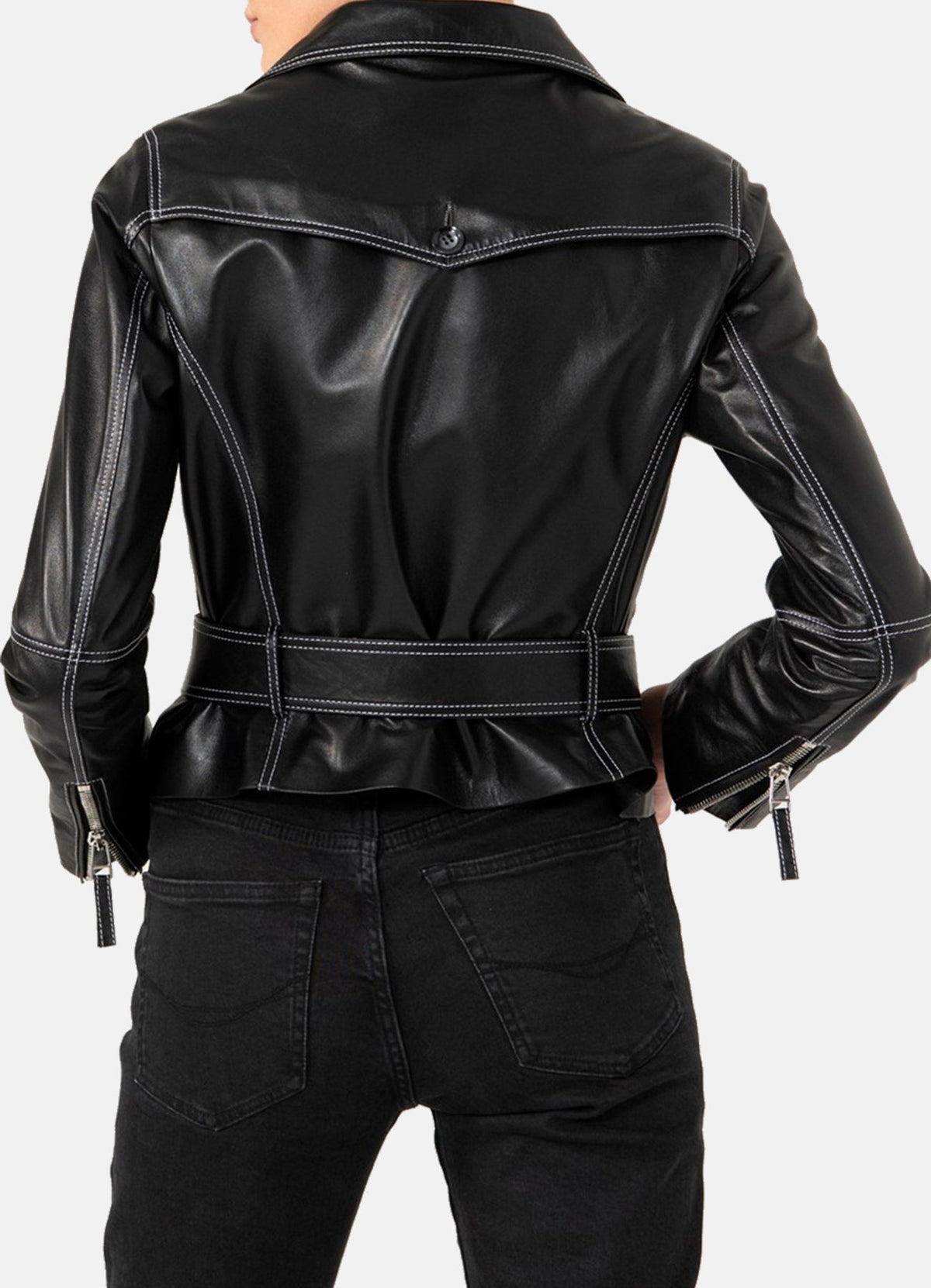 Women's White Stitched Black Biker Leather Jacket
