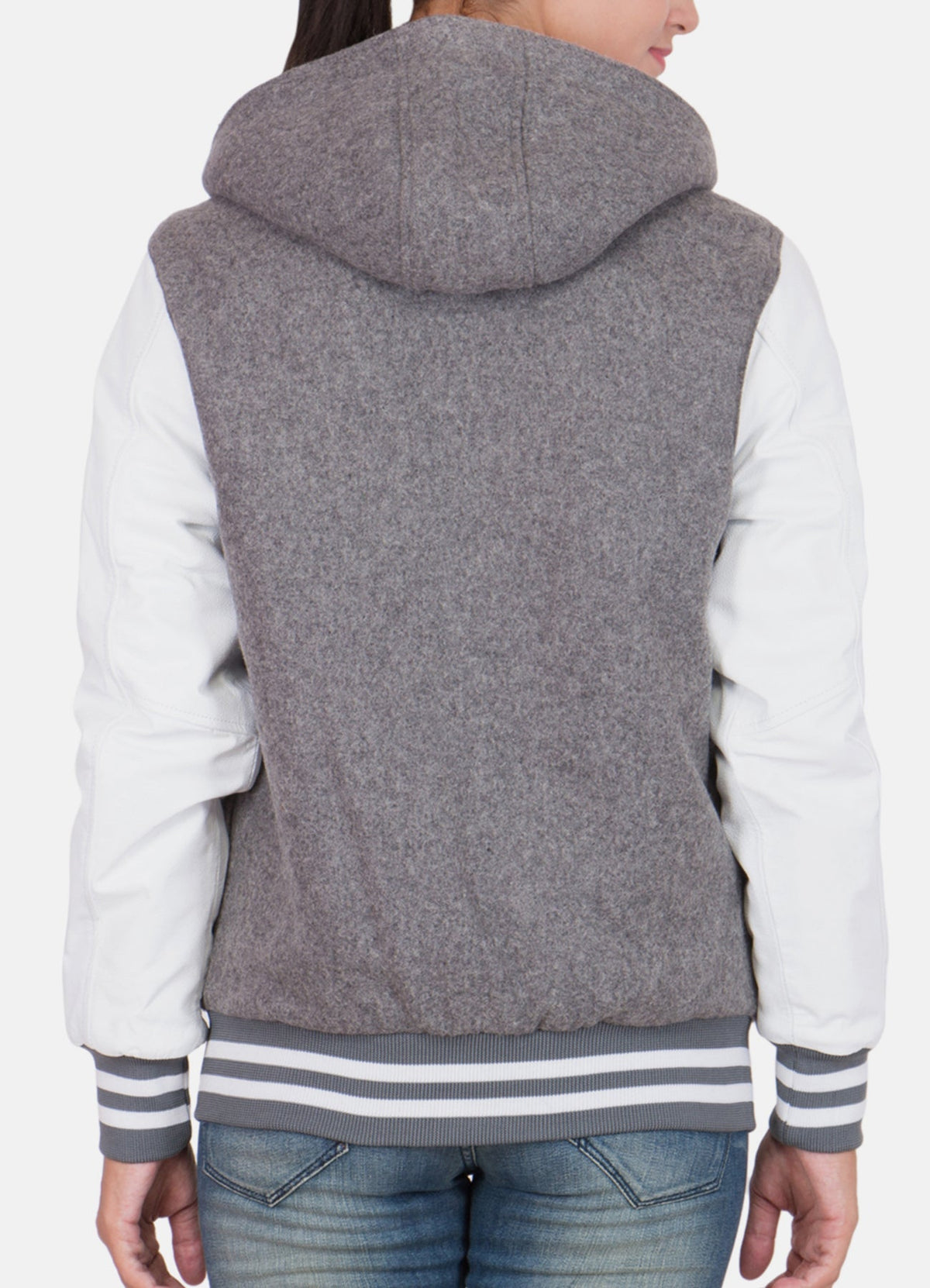 Women's Grey and White Hooded Varsity Jacket