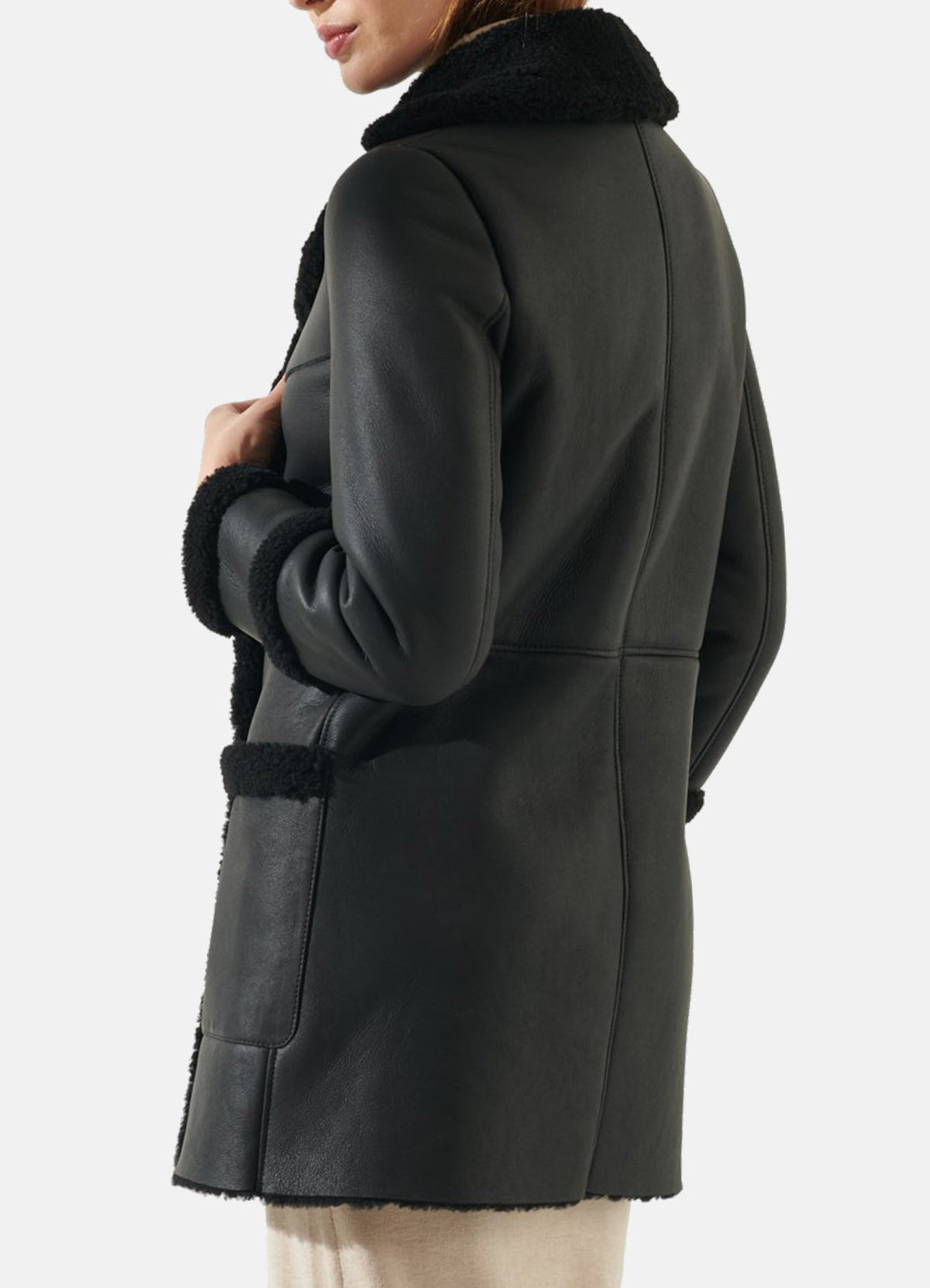 Women's Jet Black Shearling Leather Coat