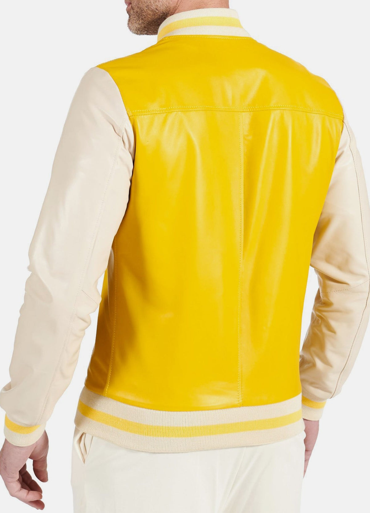 Men's Yellow Beige Leather Varsity Jacket
