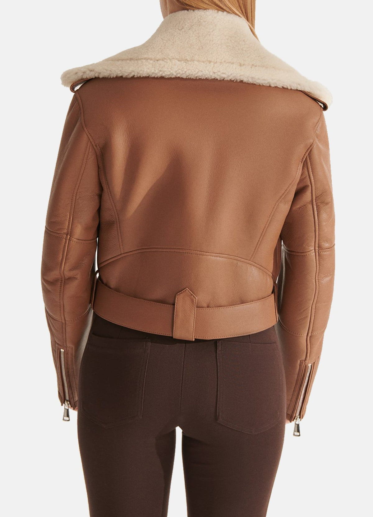 Women's Short Length Tan Shearling Leather Jacket