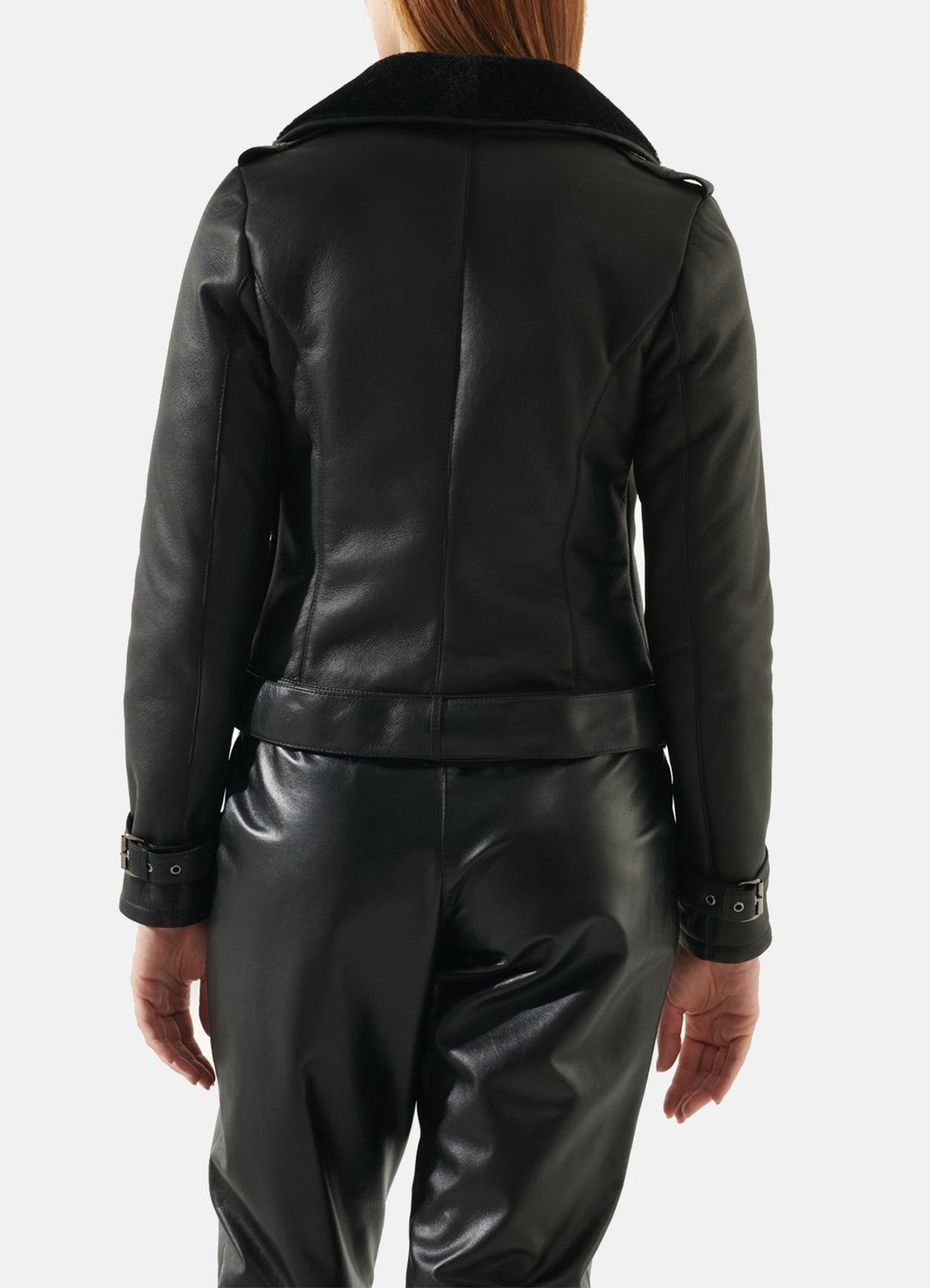 Women's Shiny Black Shearling Leather Jacket