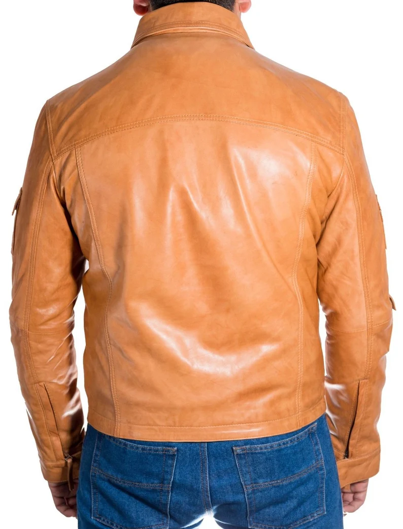 Men's Tan Brown Biker Shirt Collar Style Leather Jacket