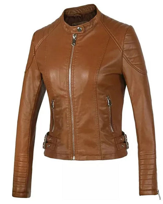 Women's Cognac Brown Cafe Racer Leather Jacket