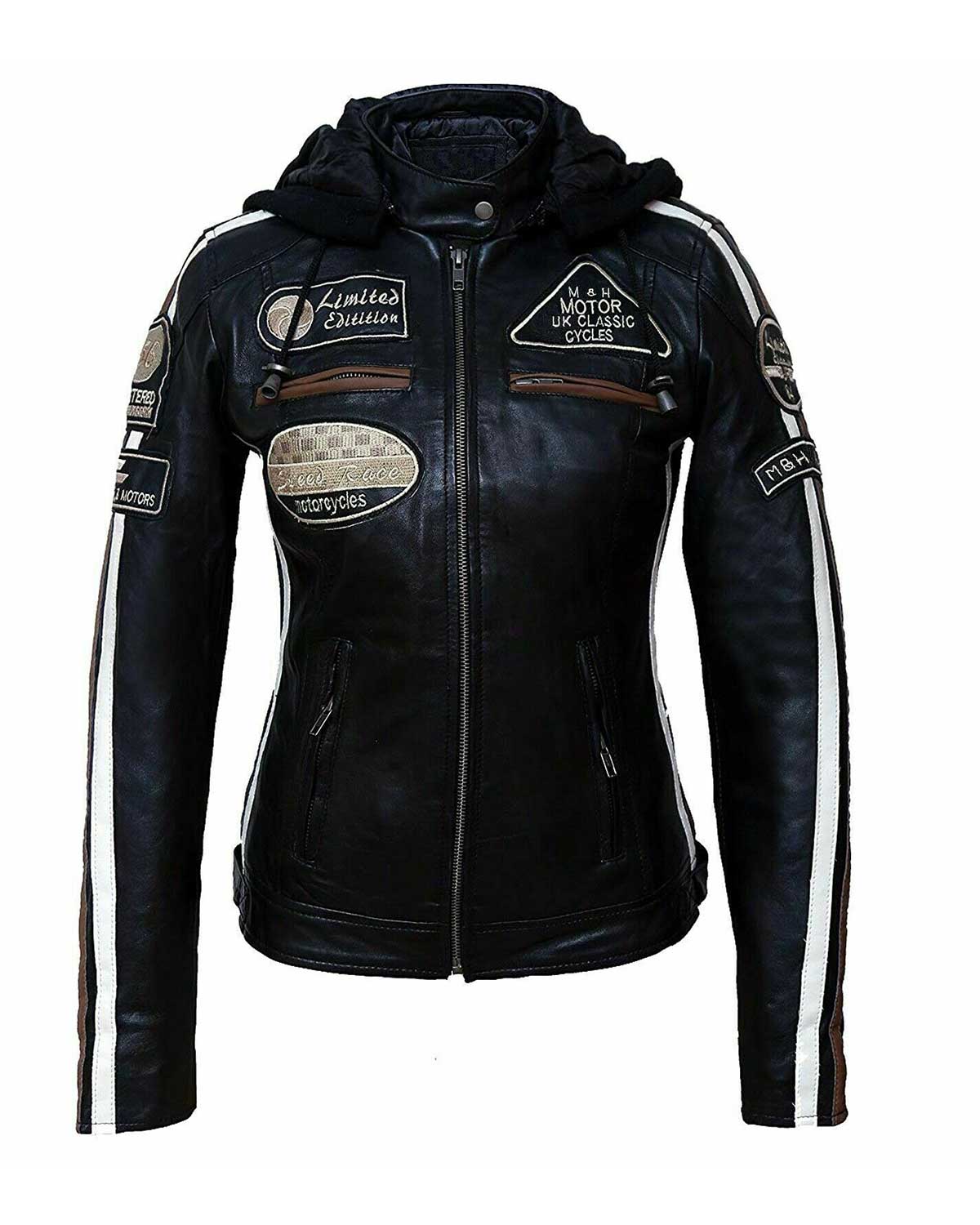 Women Motorcycle Slim Fit Vintage Black Biker Hoodie Leather Jacket in Georgia