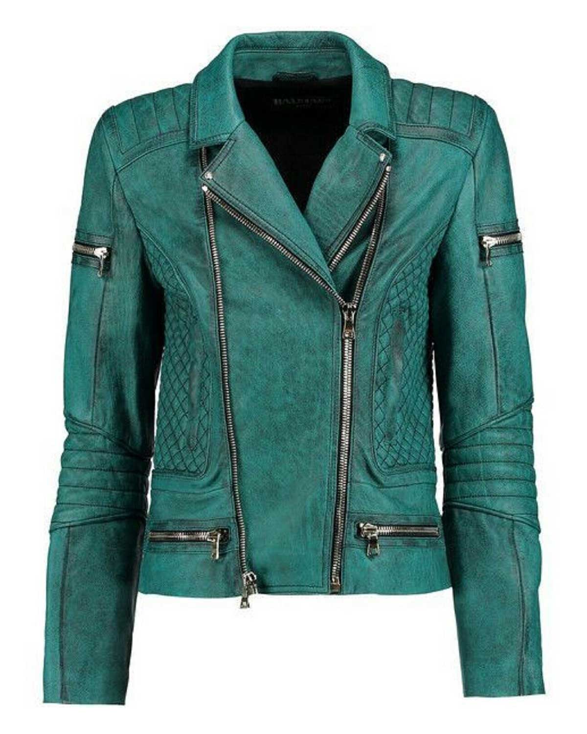 Women Slim Fit Diamond Quilted Moto Teal Leather Jacket