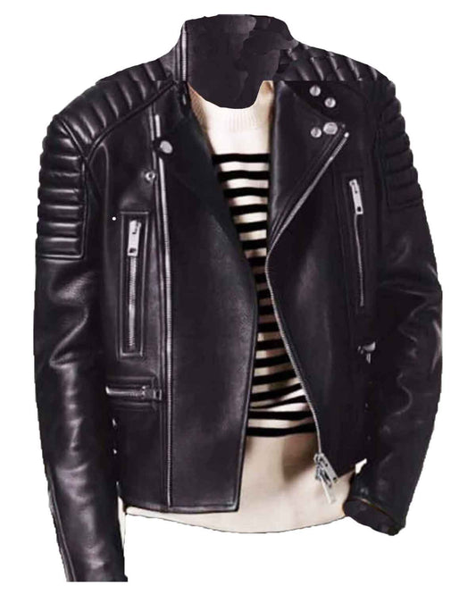 Men's Padded Shoulders Asymmetrical Black Bikers Padded Jacket