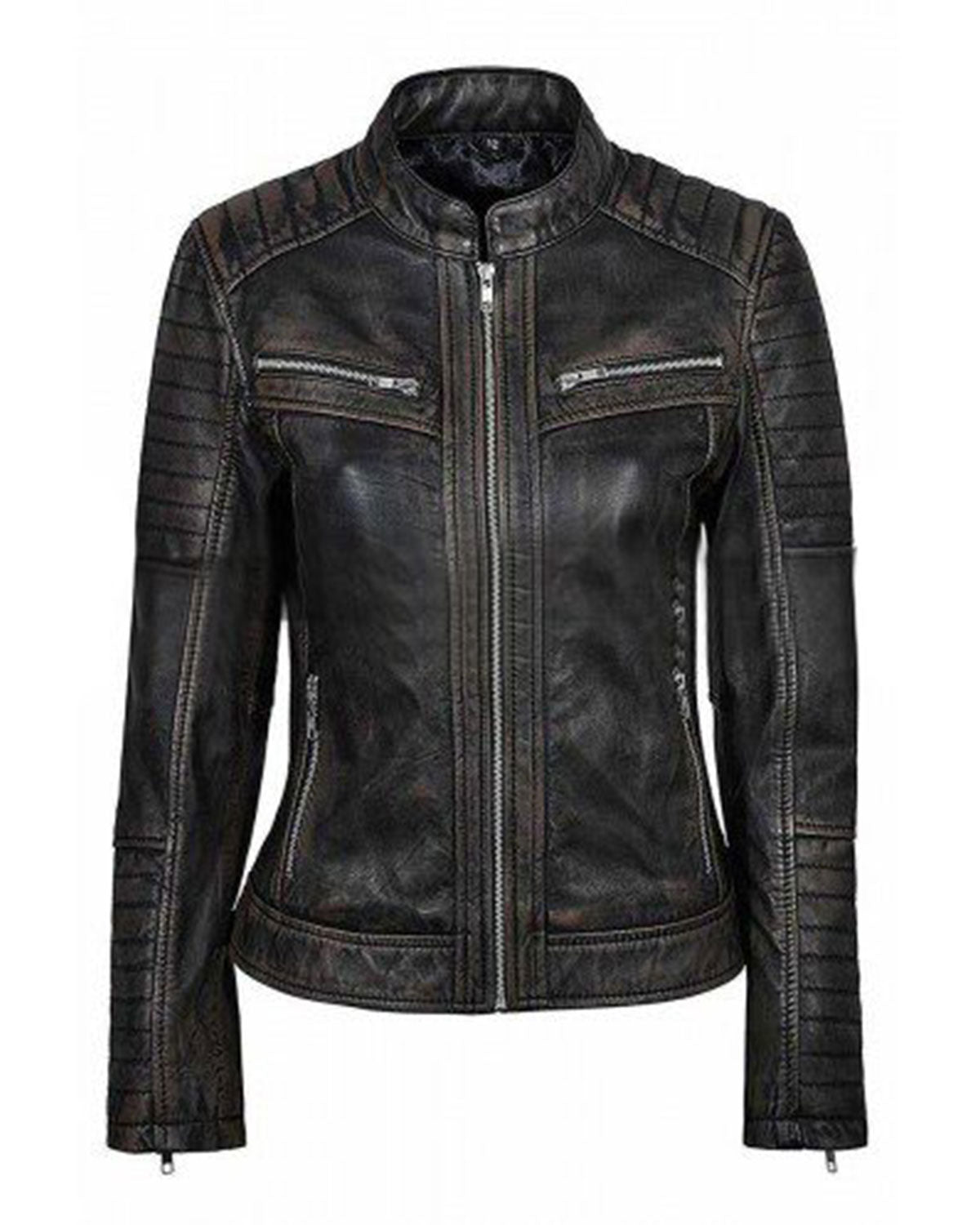 Women's Distressed Black Cafe Racer Jacket