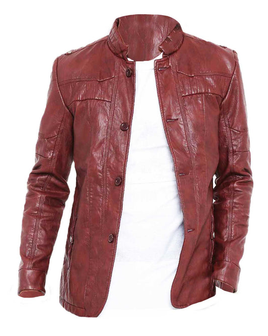 Men’s Casual Wear Slim Fit Style Burgundy Faux Leather Jacket