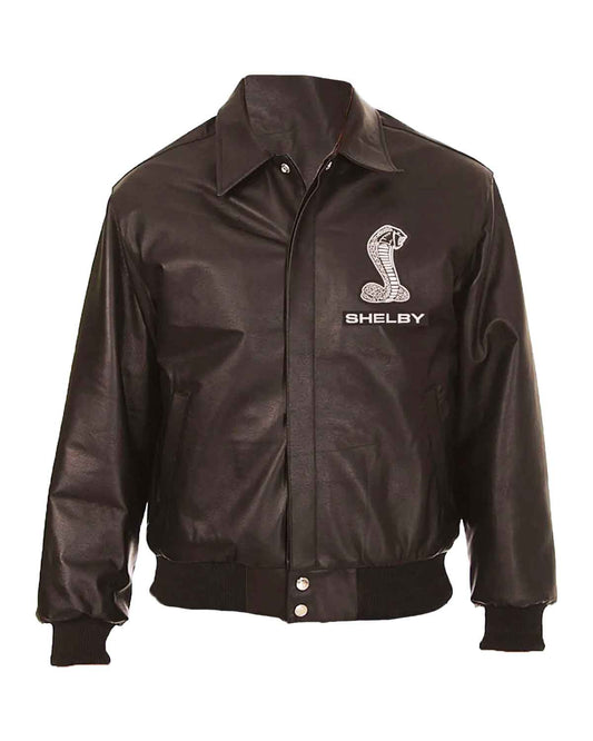Embroidered Corvette Shirt Collar Black Leather Jacket