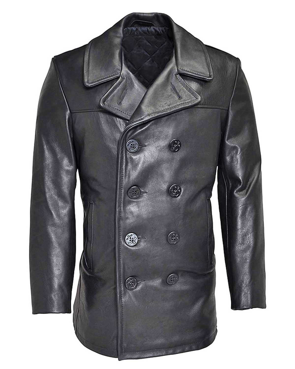 Men’s Naval Double Breasted Black Leather Coat