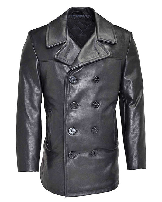 Men’s Naval Double Breasted Black Leather Coat