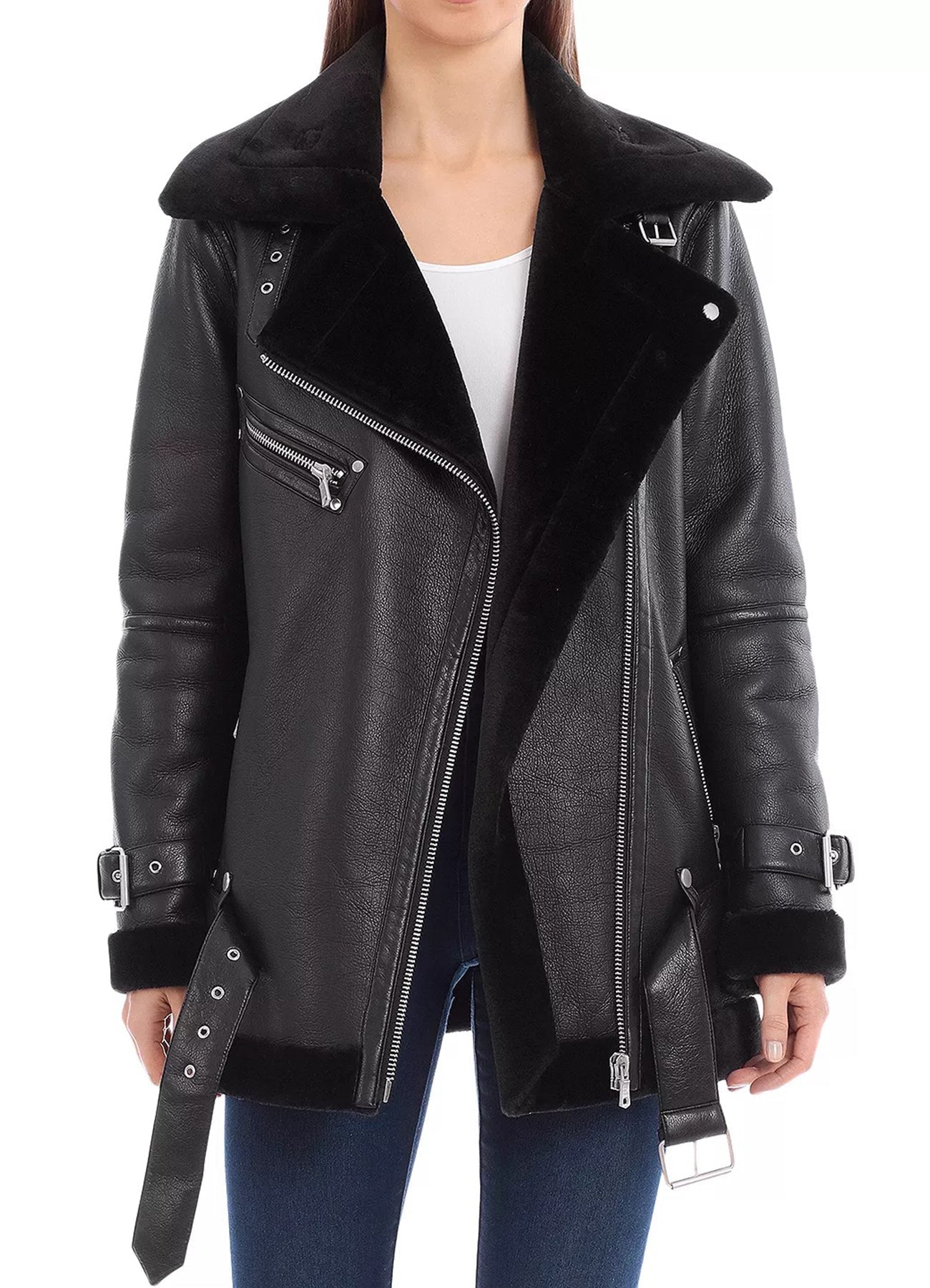 Women's Shine Black Shearling Leather Jacket
