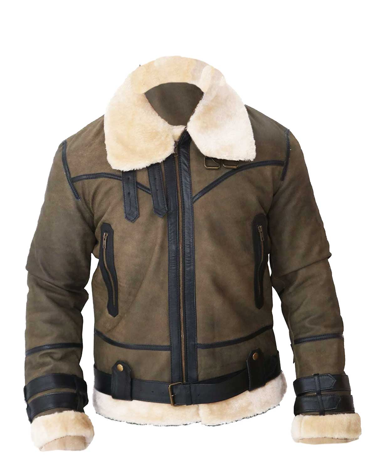 B3 Bomber Men's Real Shearling Green Winter Leather Jacket