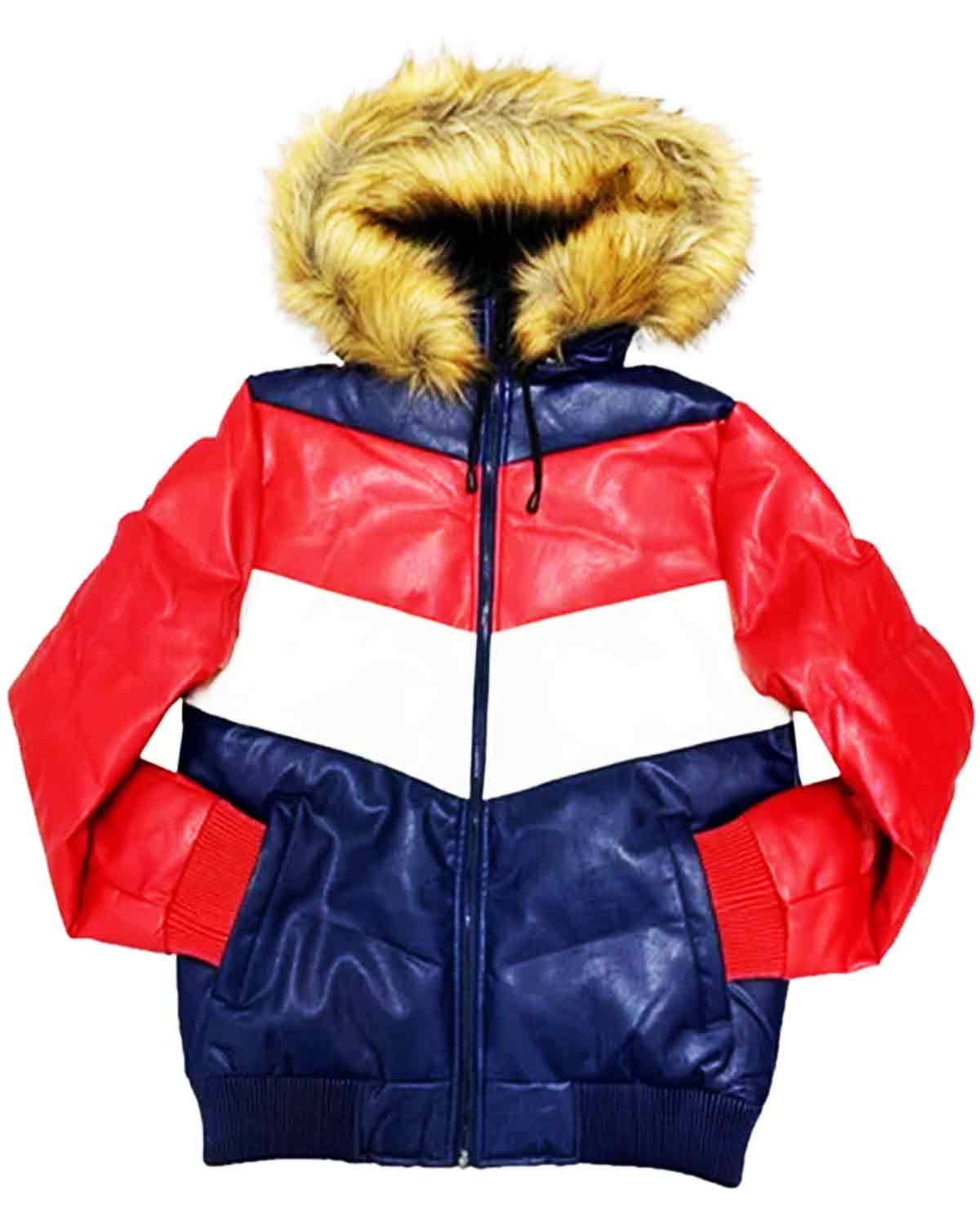 8 Ball Pool Logo Fur Hooded Navy & Red Sheepskin Leather Men's Jacket