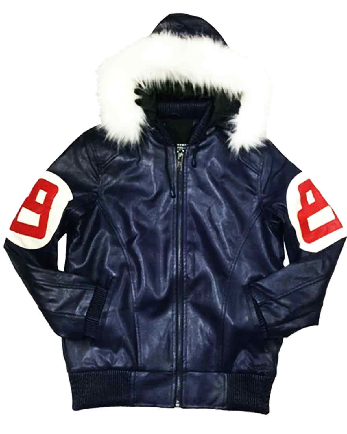 8 Ball Pool Logo Fur Hooded Sheepskin Navy Leather Men's Jacket
