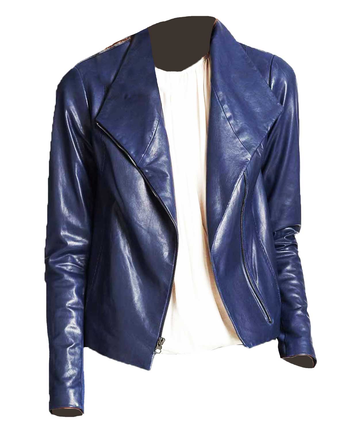 Asymmetrical Zipper Women’s Blue Leather Scuba Jacket