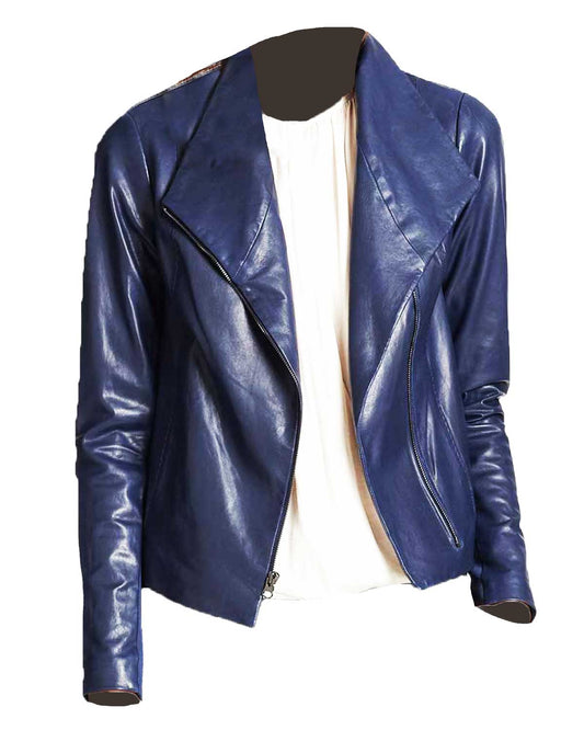 Asymmetrical Zipper Women’s Blue Leather Scuba Jacket