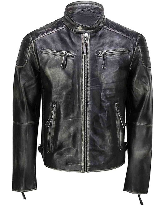 Men's Black Distressed Cafe Racer Leather Jacket