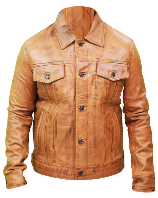 Men's Camel Brown Trucker Leather Jacket