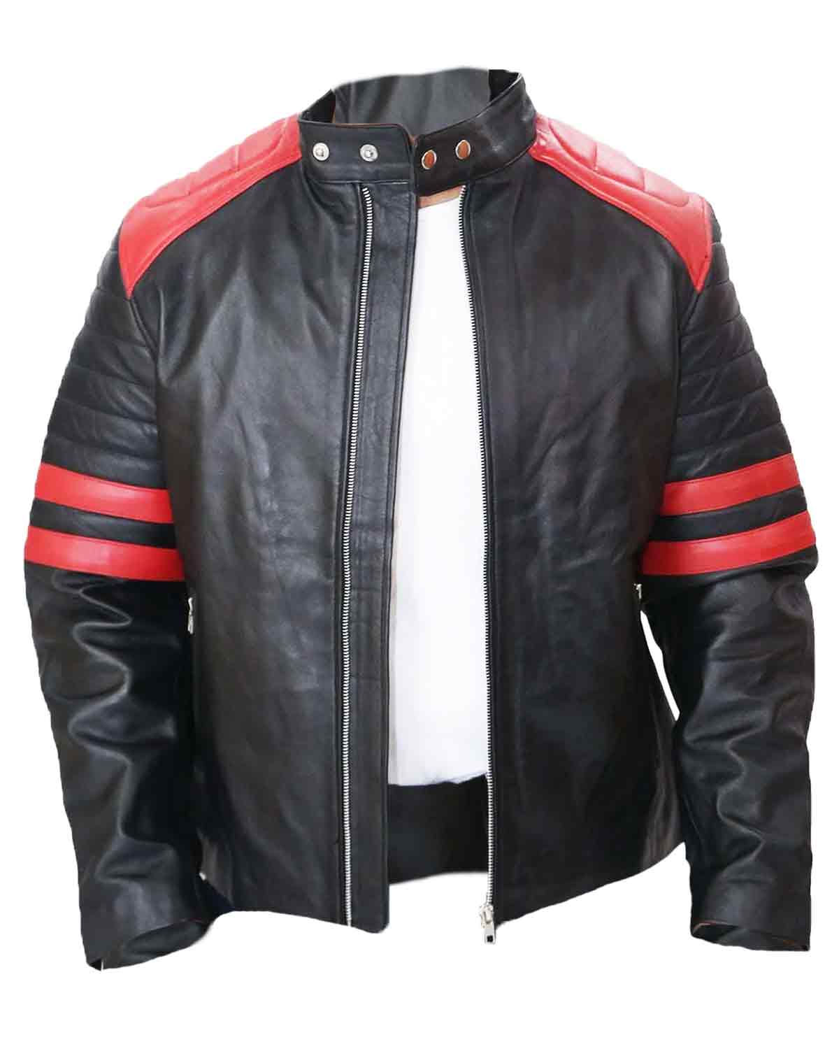 Black Café Racer with Red Strip Genuine Lambskin Leather Jacket