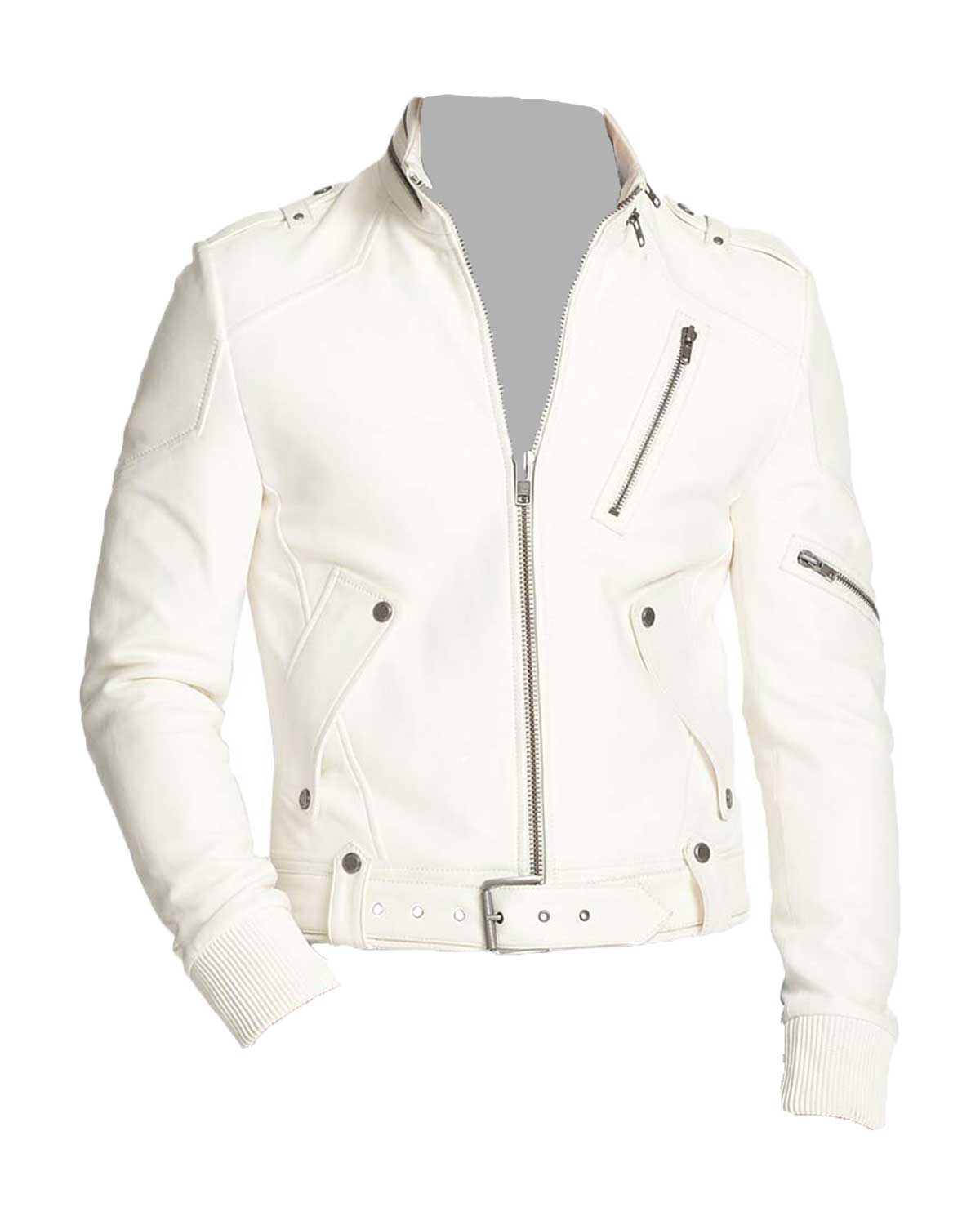 Belted Motorcycle White Leather Jacket for Men