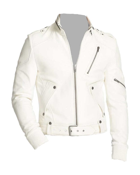 Belted Motorcycle White Leather Jacket for Men