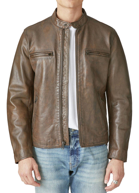 Men's Khaki Color Biker Leather Jacket