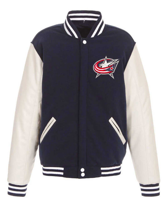Columbus Blue Jackets Varsity Bomber Blue and White Jacket