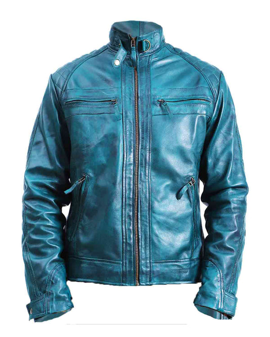 Men's Quilted Green Cafe Racer Leather Jacket