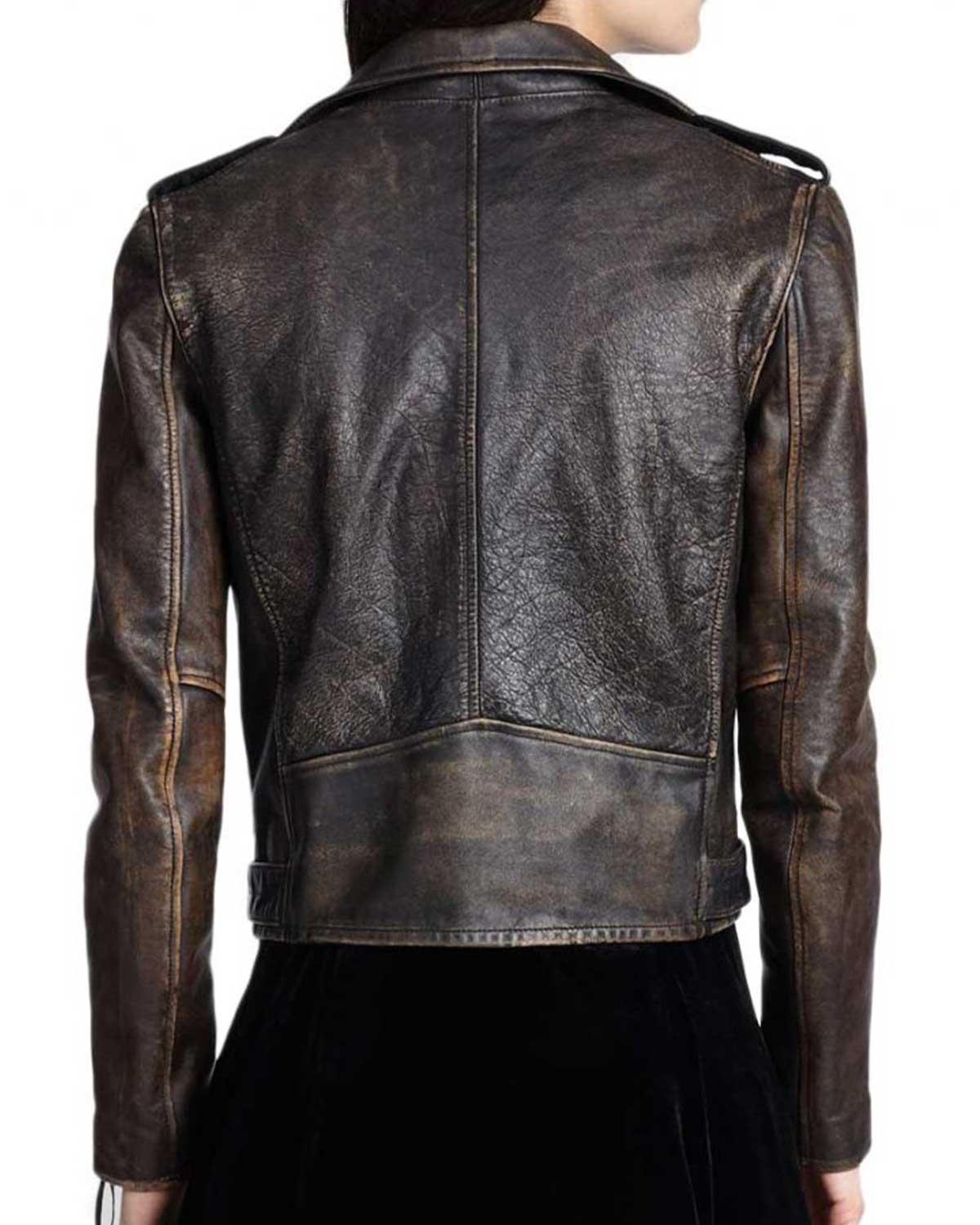 Women Moto Biker Distressed Vintage Brown Leather jacket