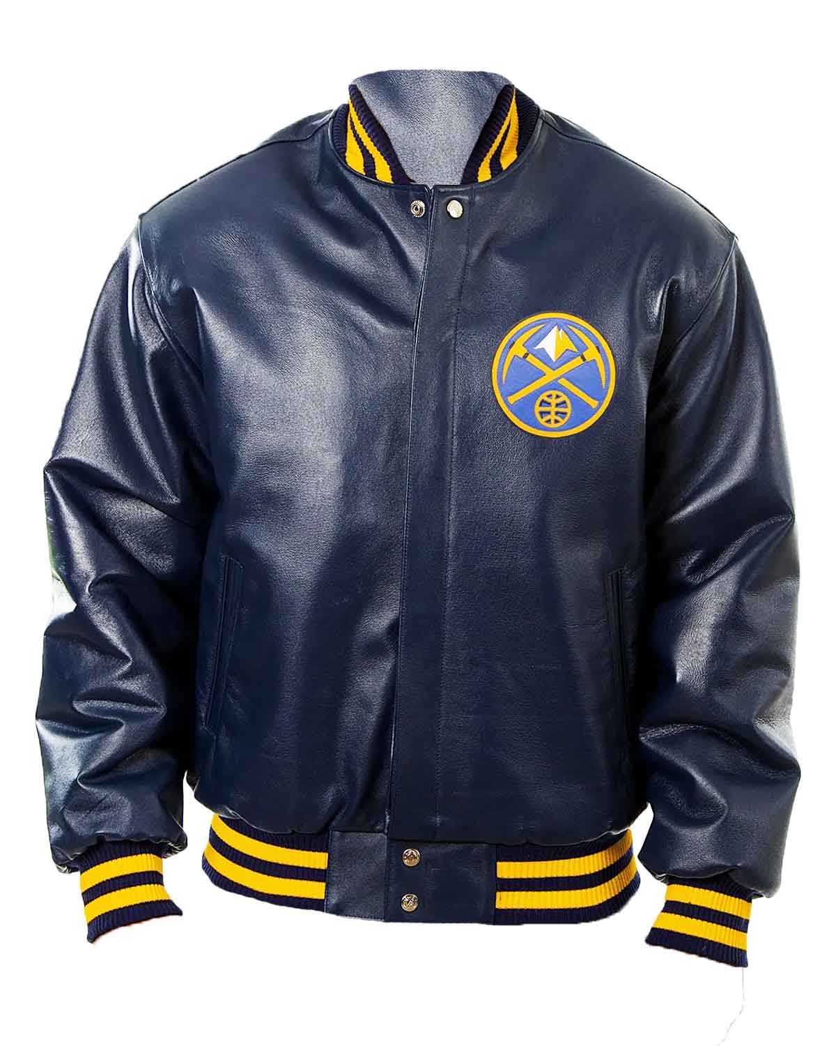 Denver Nuggets Letterman Navy Blue Leather Jacket