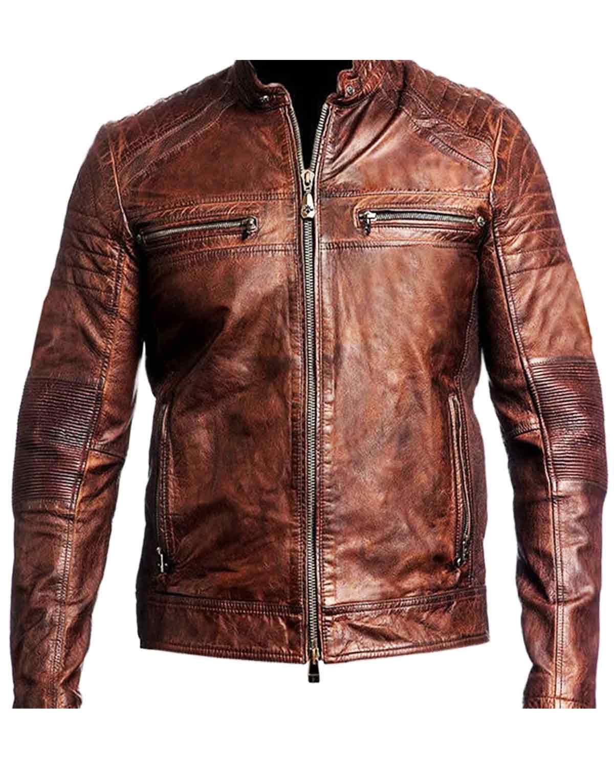Men's Cafe Racer Retro Motorcycle Vintage Biker Distressed Leather Jacket