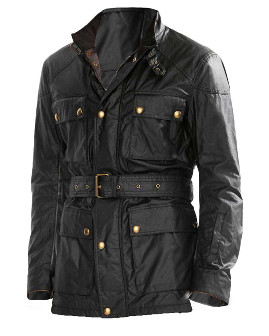 Men’s Four Pocket Belted Black Leather Jacket