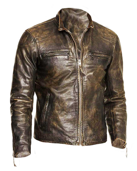 Men’s Dark Brown Distressed Leather Motorcycle Jacket