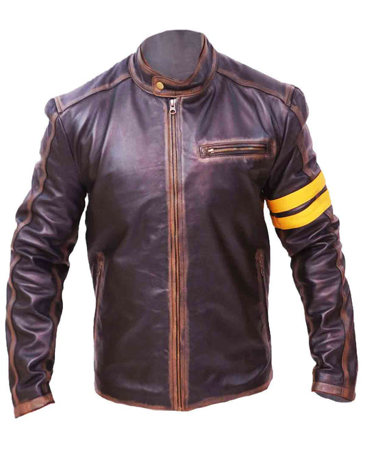 Men's Black Cafe Racer Leather Jacket With Yellow Strip