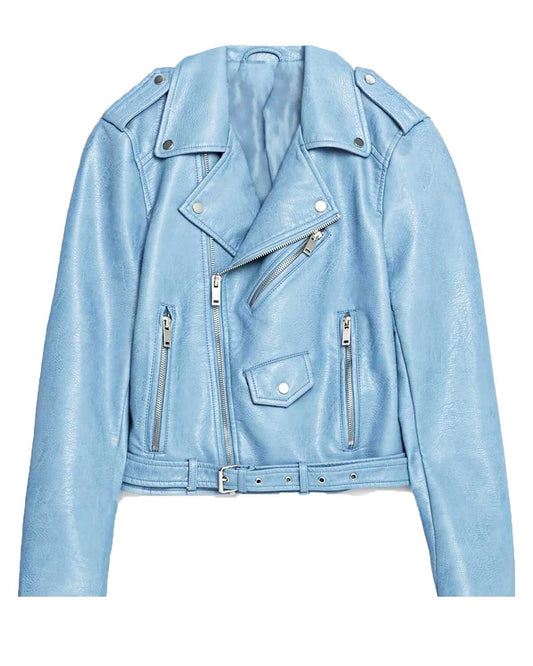 Women’s Baby Blue Motorcycle Leather Jacket