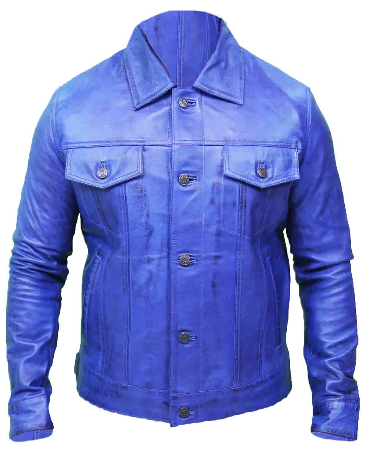 Vintage Men's Blue Real Leather Trucker Jacket