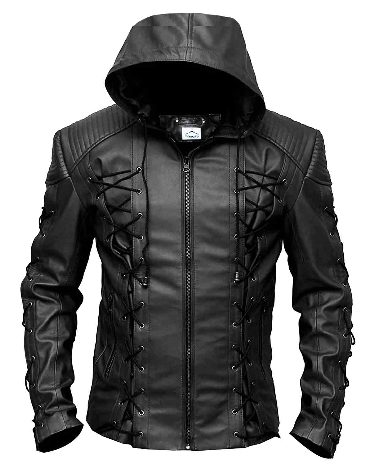 Arrow Inspired Black Hood Leather Jacket