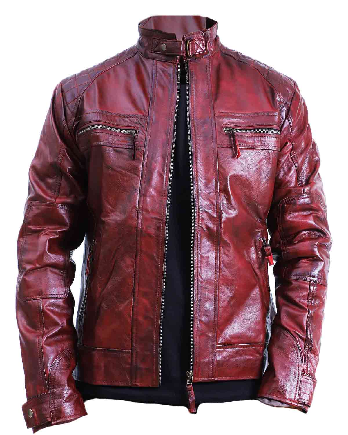 Men's Quilted Maroon Cafe Racer Leather Jacket