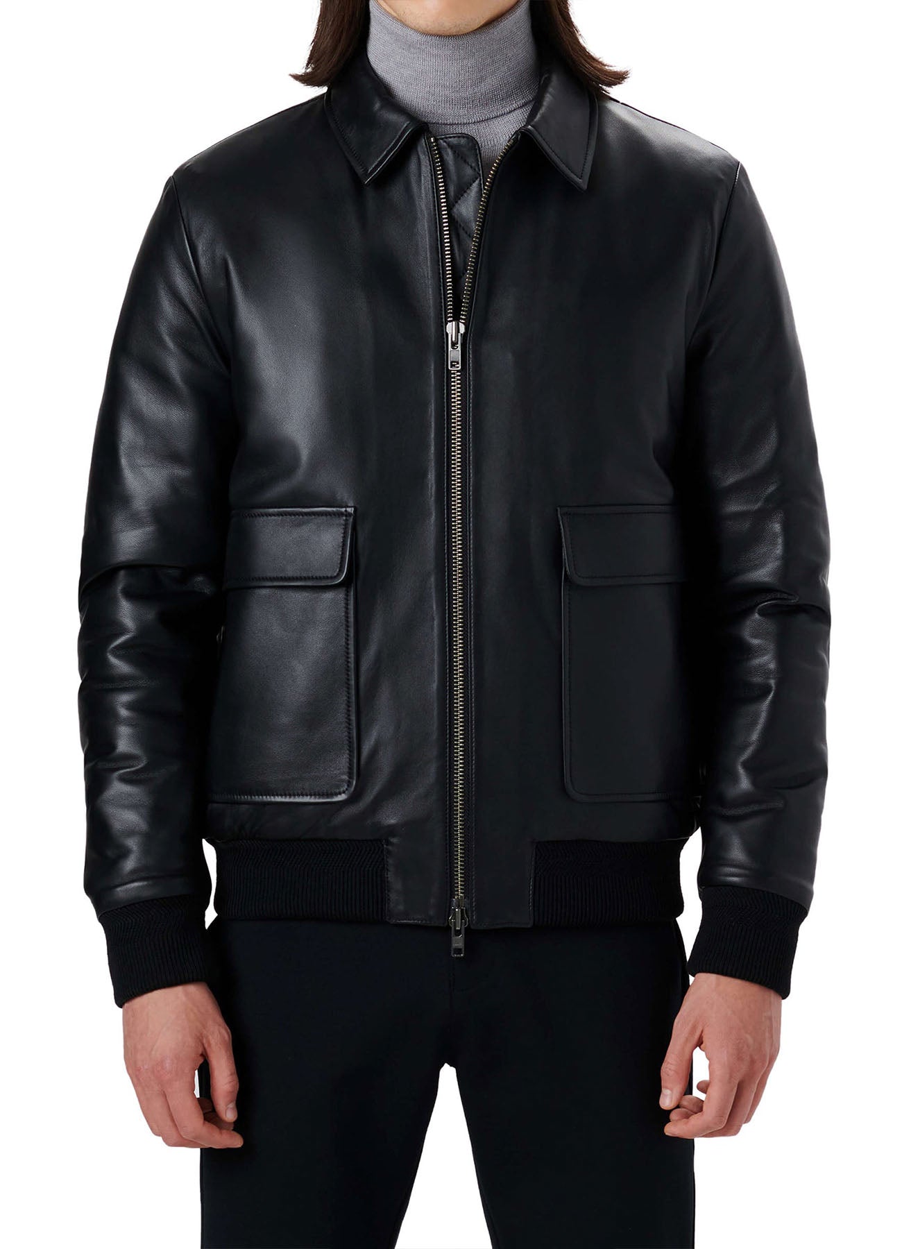 Men's Deep Black Smooth Bomber Leather Jacket