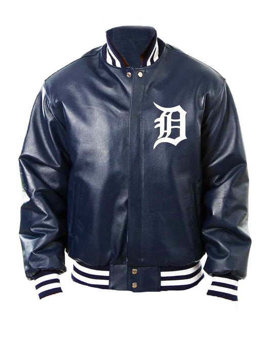 Detroit Tigers Bomber Navy Blue Leather Jacket